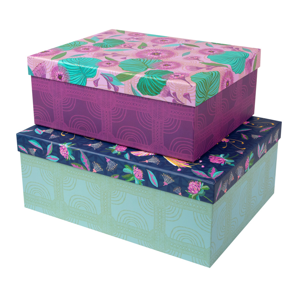 Geschenkkarton, Geschenkbox, lila Box, mehrfarbiges Muster, Dormant Design Box
