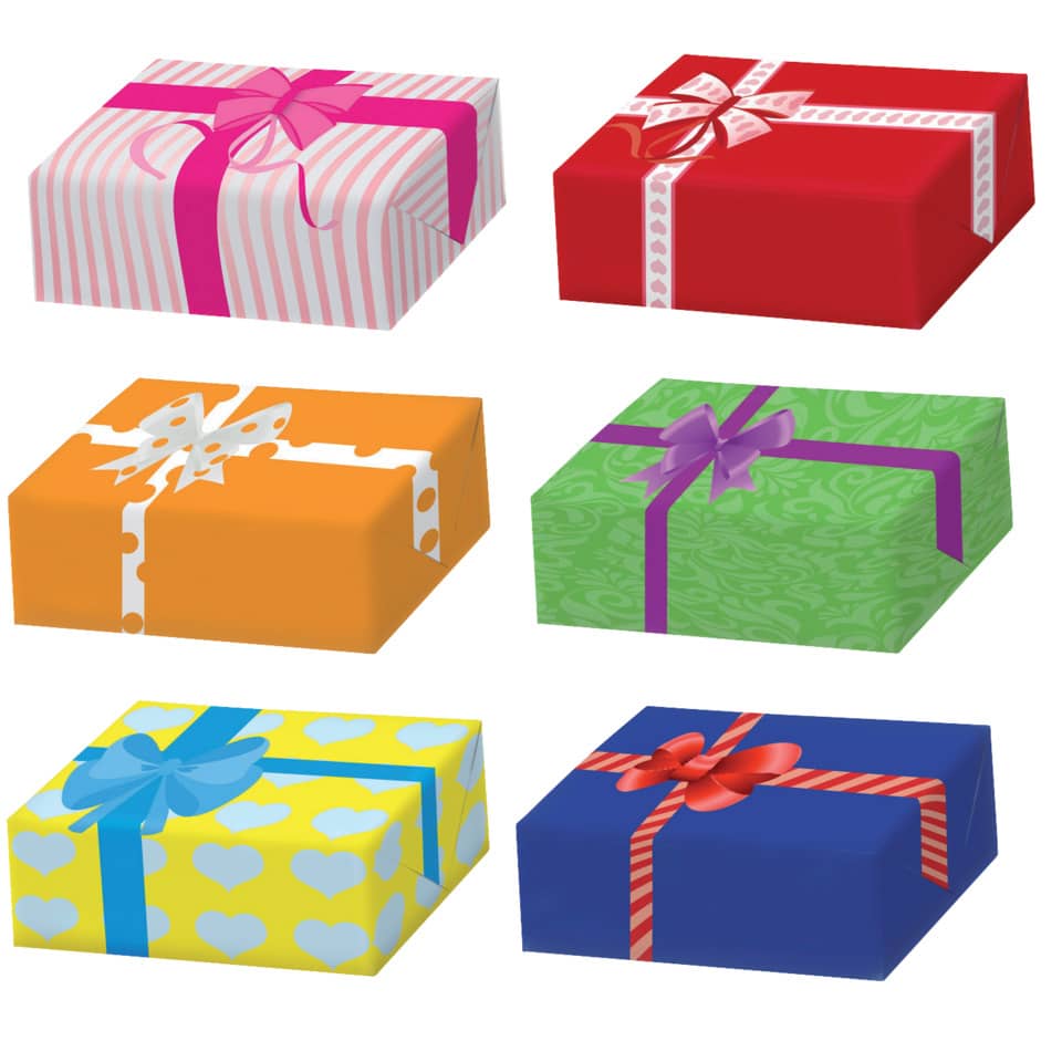 Geschenkverpackung, Geschenkbox, Paketbox, bunte Box, Geschenkband