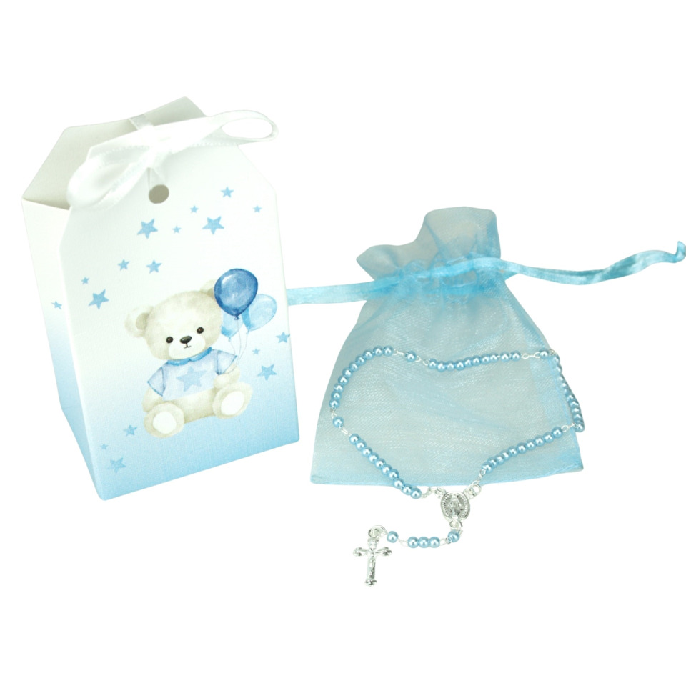 babygeschenk, Teddy, blauer Beutel, Rosenkranz, Kreuzanhänger