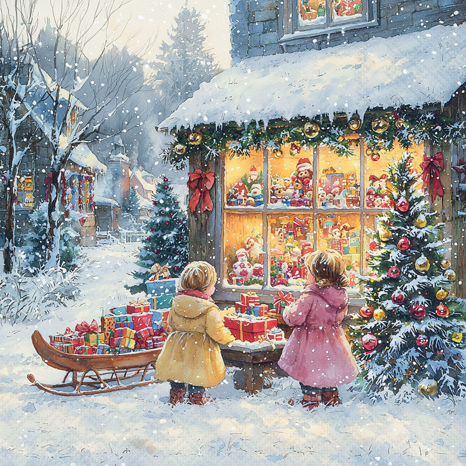 Weihnachtsmarkt, Schaufenster, Geschenke, Schnee, Kinder