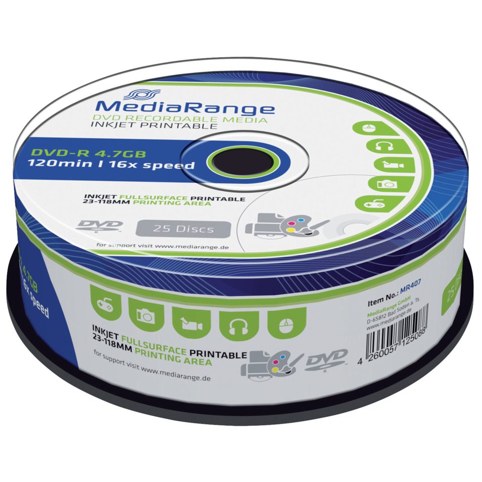 DVD-R, 120min, 16x Geschwindigkeit, Tintenstrahldruckbar, 25 Scheiben