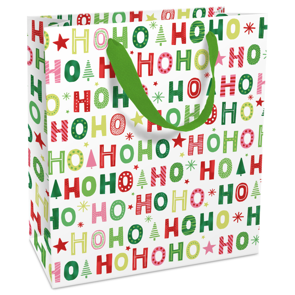 Geschenktüte, Holiday Muster, bunte Buchstaben, grüne Henkel, Weihnachtsbeutel