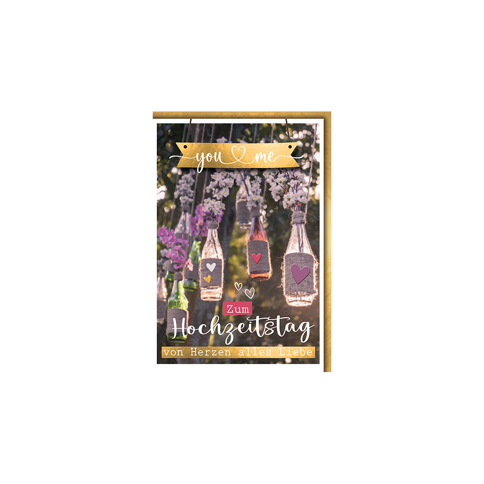Hochzeitskarte, Glasflaschen, Lavendel, Lichterketten, Herzdeko