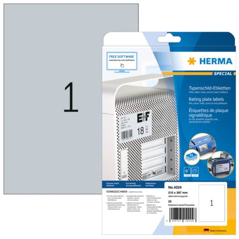 Typenschild-Etiketten extra stark, 210x297mm, wetterfest, 25 Stück, silber HERMA 4224