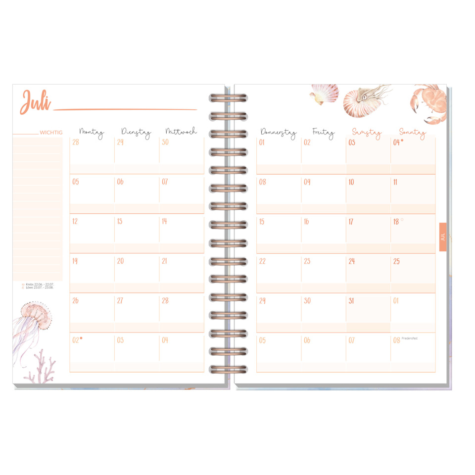 Kalender, Monatsplaner, Spiralbindung, Schneckenmuschel, Korallen