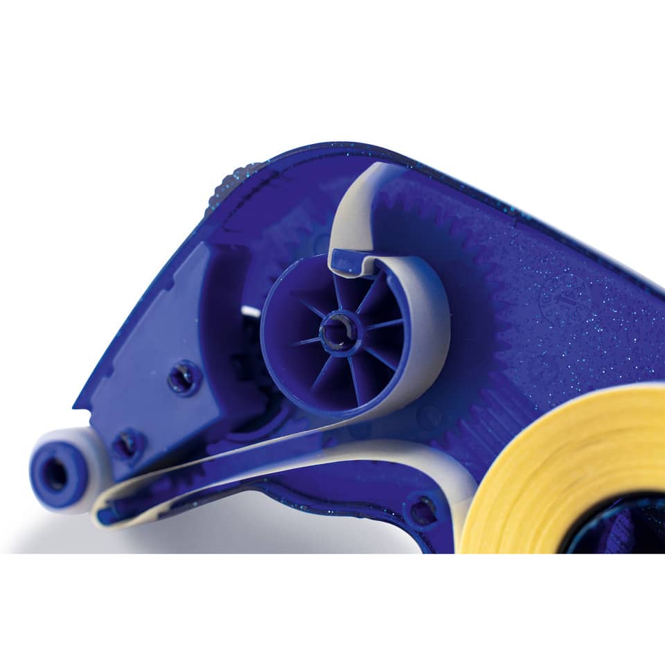 Klebebandabroller, Klebeband-Rolle, blauer Kunststoff, gelbes Klebeband, Spulenzier