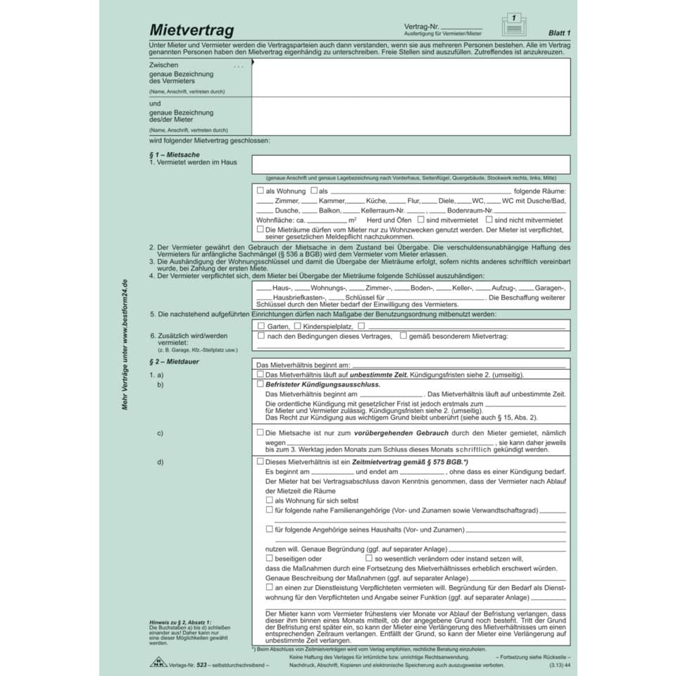 Mietvertrag, Vertragsformular, Mietkautionsvertrag, Wohnungsvertrag, Mietvertrag Blatt