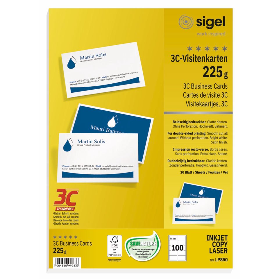 Visitenkarten, 3C-Technologie, gelbe Verpackung, Drucker Tinte Laser, 100 Blätter