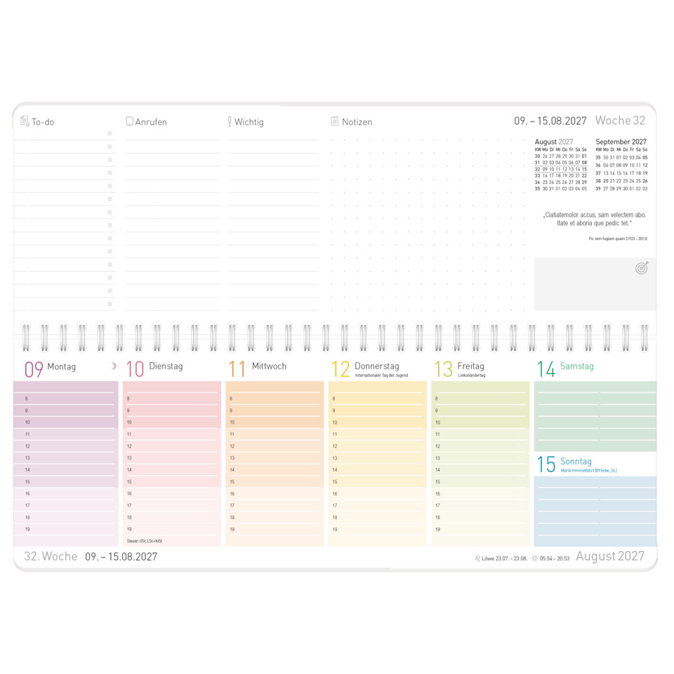 Wochenplan, Kalender, Tischkalender, Spaltenlayout, Ringbindung