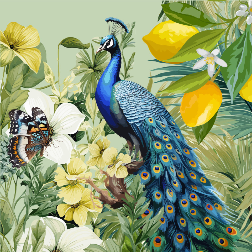 Pfau, Vogelmotiv, Blumen, Jungferngarten, Paradieslandschaft
