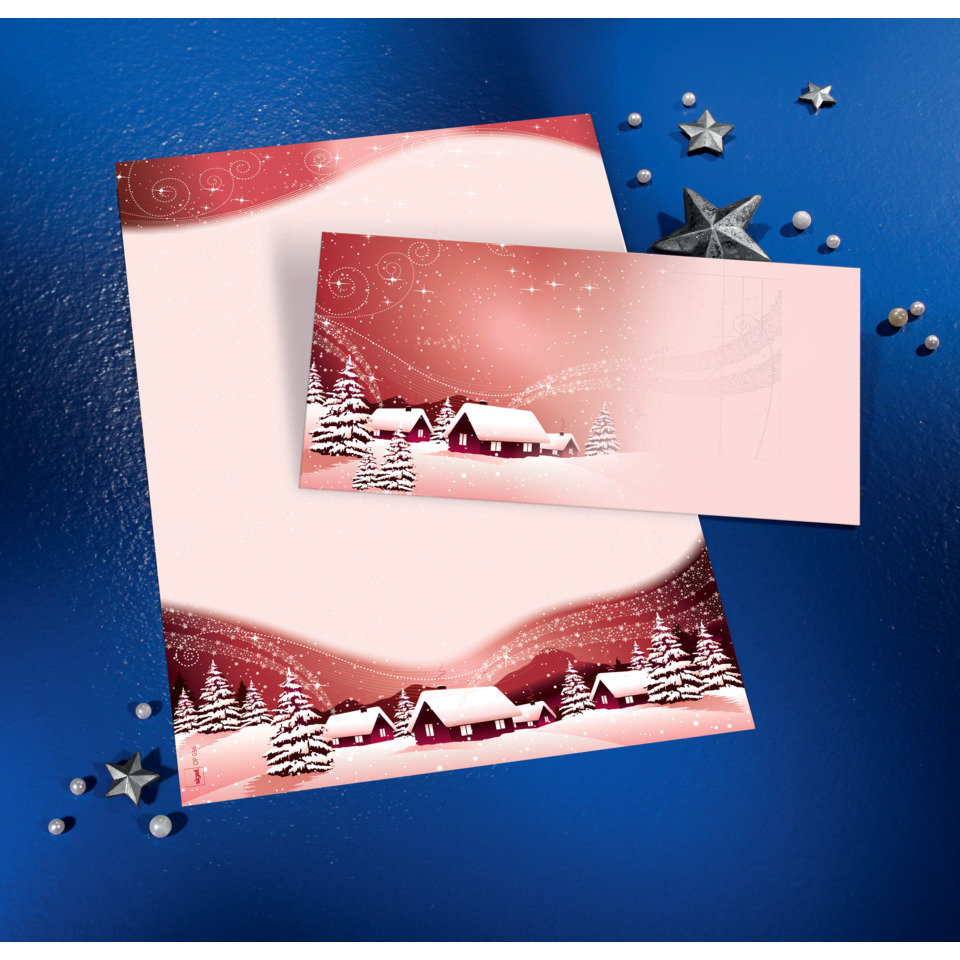 Weihnachtskarte, Winterlandschaft, Schneemotive, Haus(Häuschen), Roter Pinker Hintergrund