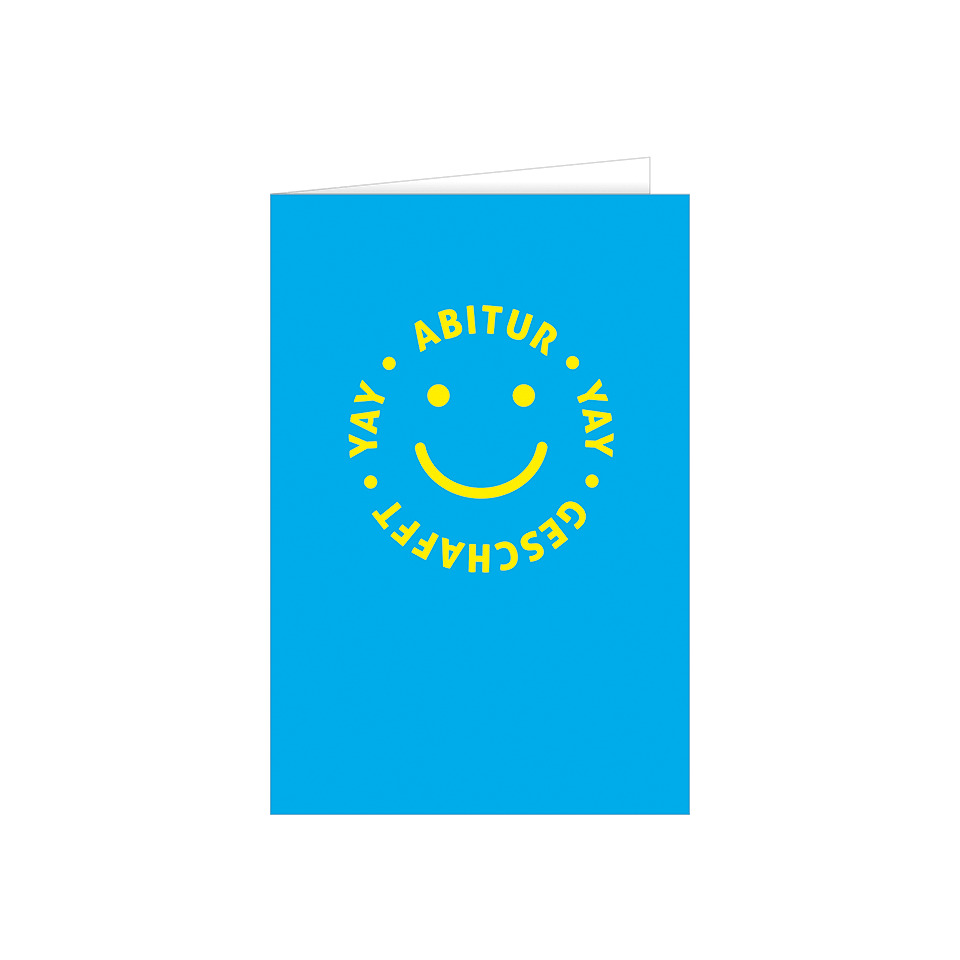 Grußkarte, blaues Cover, gelber Smiley, Abitur, Glückwunschkarte