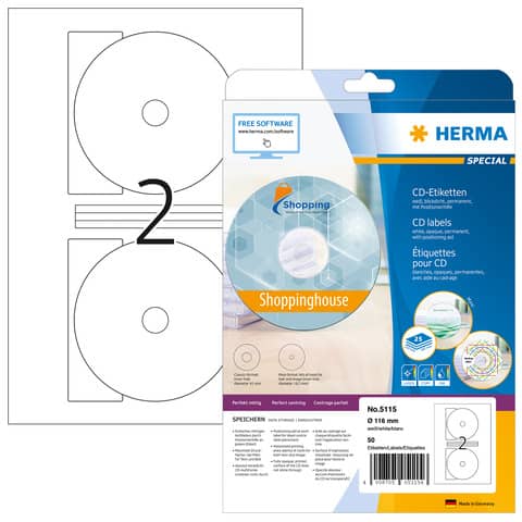 CD-Etiketten permanent, Ø116mm, 50 Stück, weiß HERMA 5115