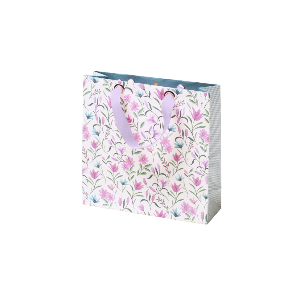 Geschenktasche, Blumenmuster, Papiertragetasche, Lila Griffschlaufen, Weißer Hintergrund