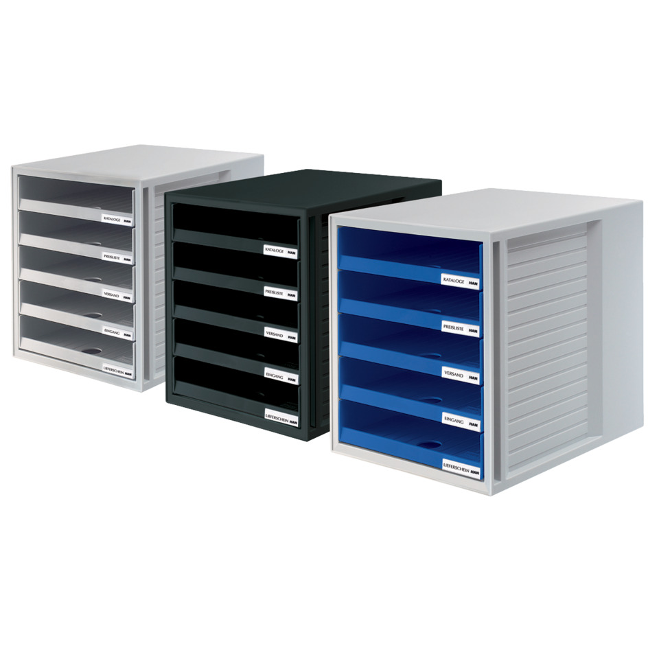 Schubladenschrank, Schubladenkasten, Katalogablage, Metall, Farben blau grau schwarz