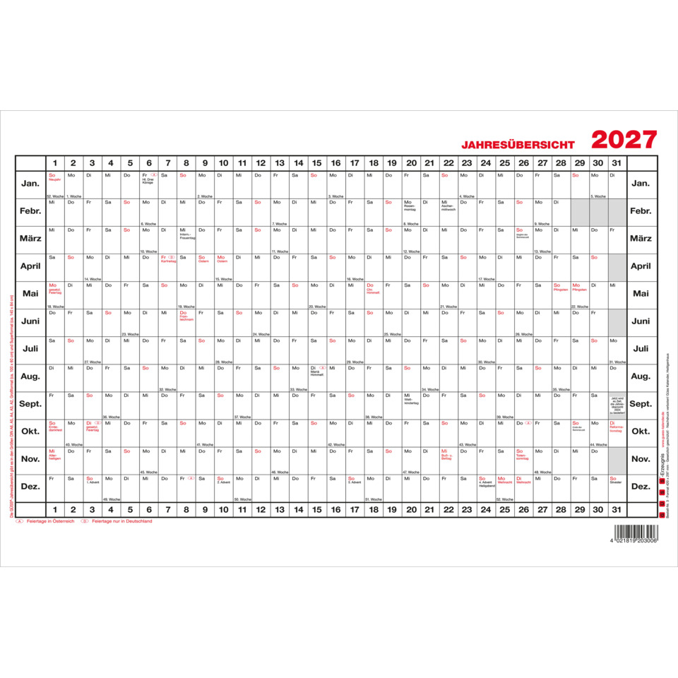 Kalender, Jahreskalender, 2027, Wandkalender, Monatsübersicht