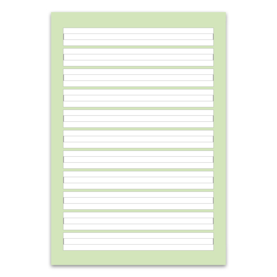 laminated label, slotted card, green background, rectangular sheet, slots