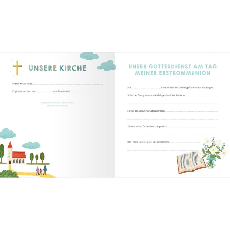 Kirche, Illustration, aufgeschlagenes Buch, Blumen, Kommunionsfeier