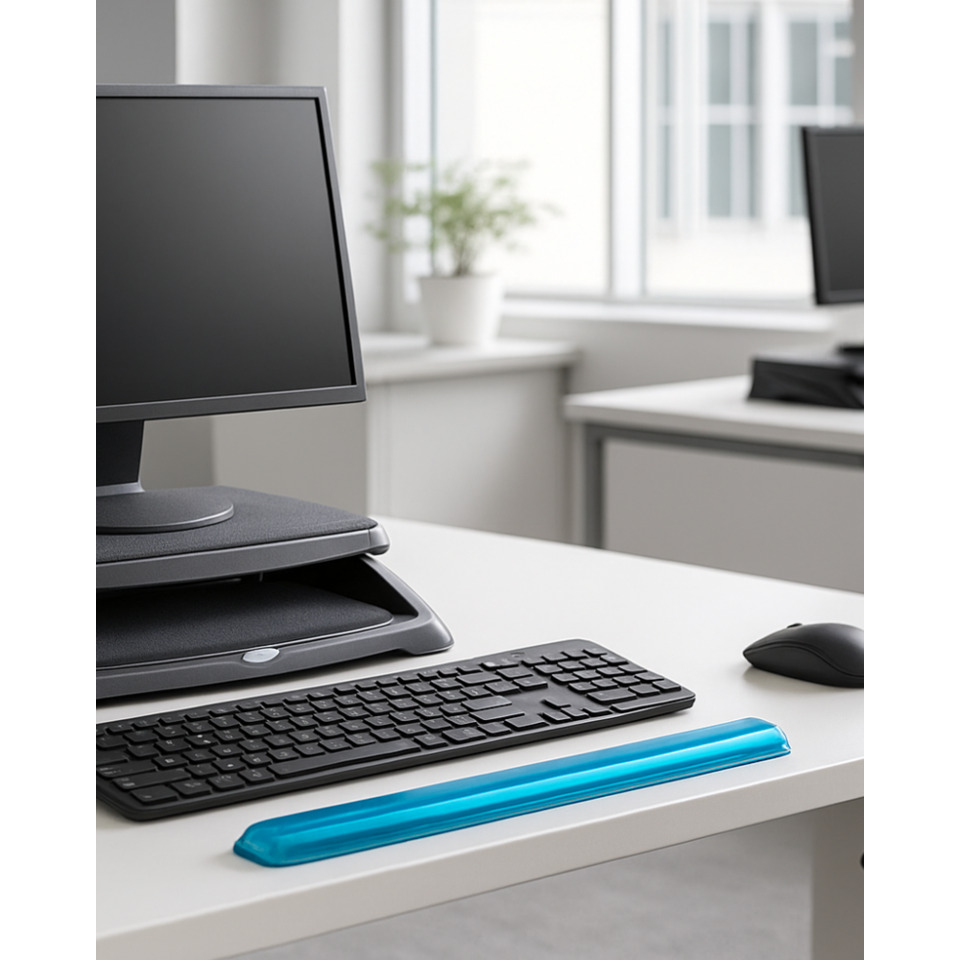 Rechnermonitor, Tastatur, Maus, Schreibtisch, Blaues Lineal