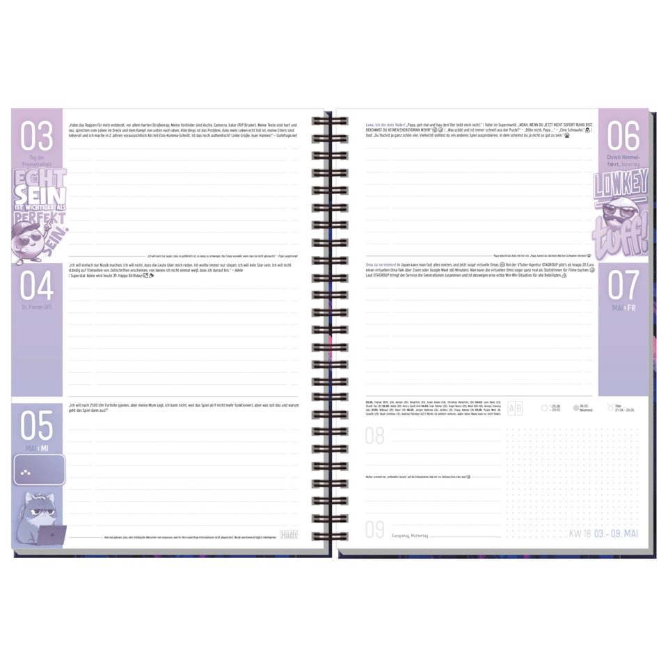 Spiralblock, Kalender, Wochentage, Lila Design, Notizseite