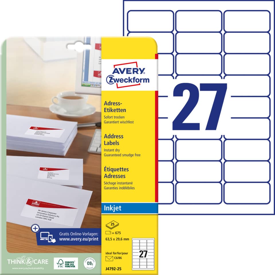 Adresse Etiketten, Labels, Etikettenbogen, Avery, Tintenstrahl
