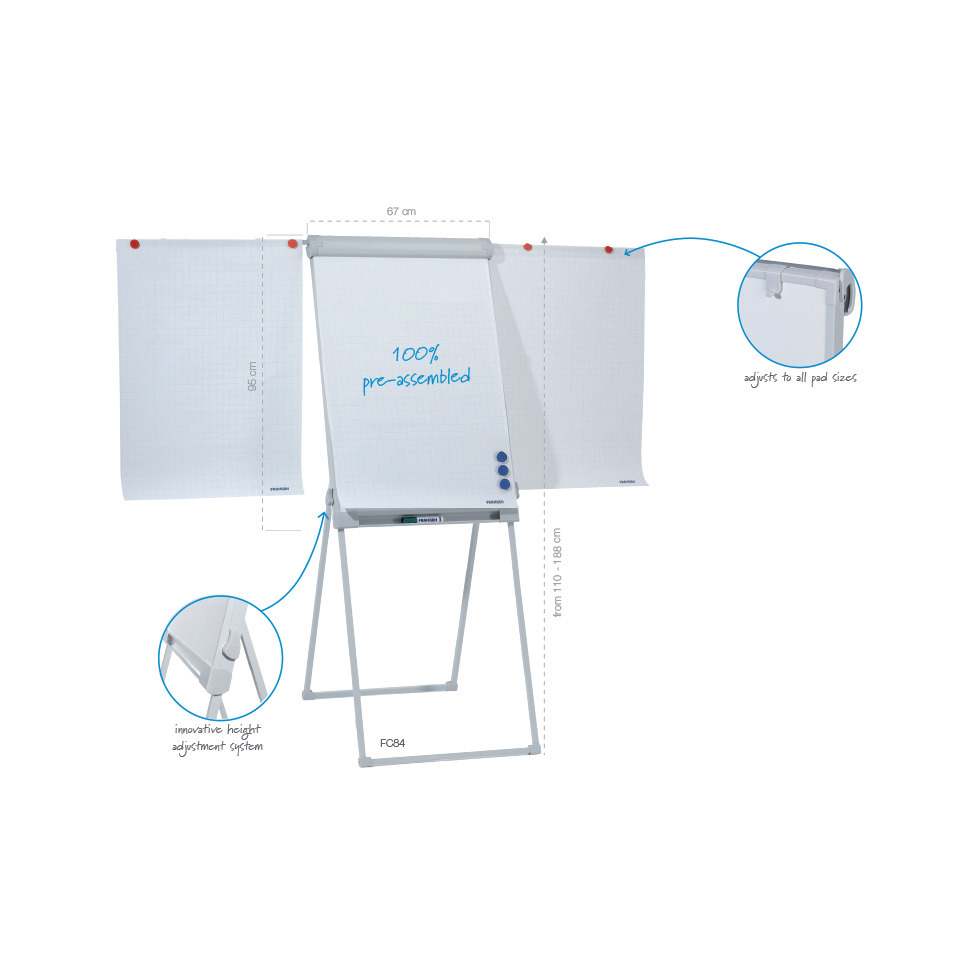 Flipchart, Whiteboard, Klappbar, Verstellbar, Stativ, Flipchart, Whiteboard, Foldable stand, Adjustable height, A3/A4 pad