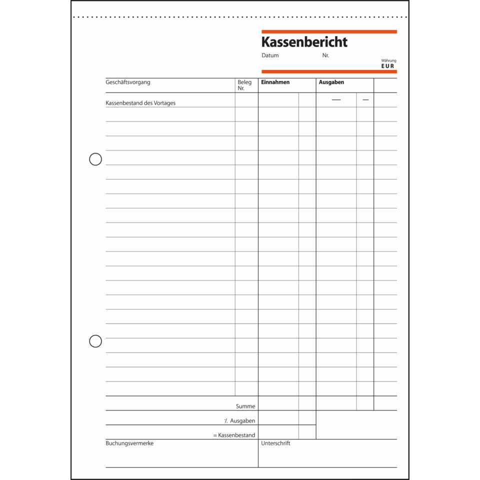 Kassenbericht, Kassenschein, Belegformular, Kassenpapier, Buchhaltungsformular