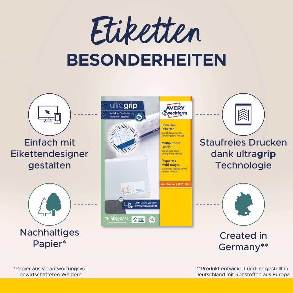 Etiketten, Drucketiketten, Multifunktionsetiketten, Ultragrip, Universaletiketten