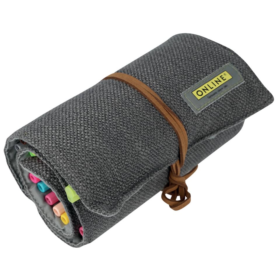 Schulfach, Aufrollen, Grau Stoff, Buntstifte, Lederband