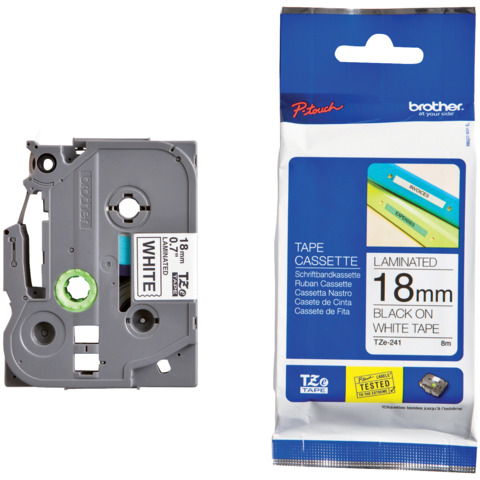 Schriftband laminiert, 18mmx8m, schwarz/weiß BROTHER TZE241