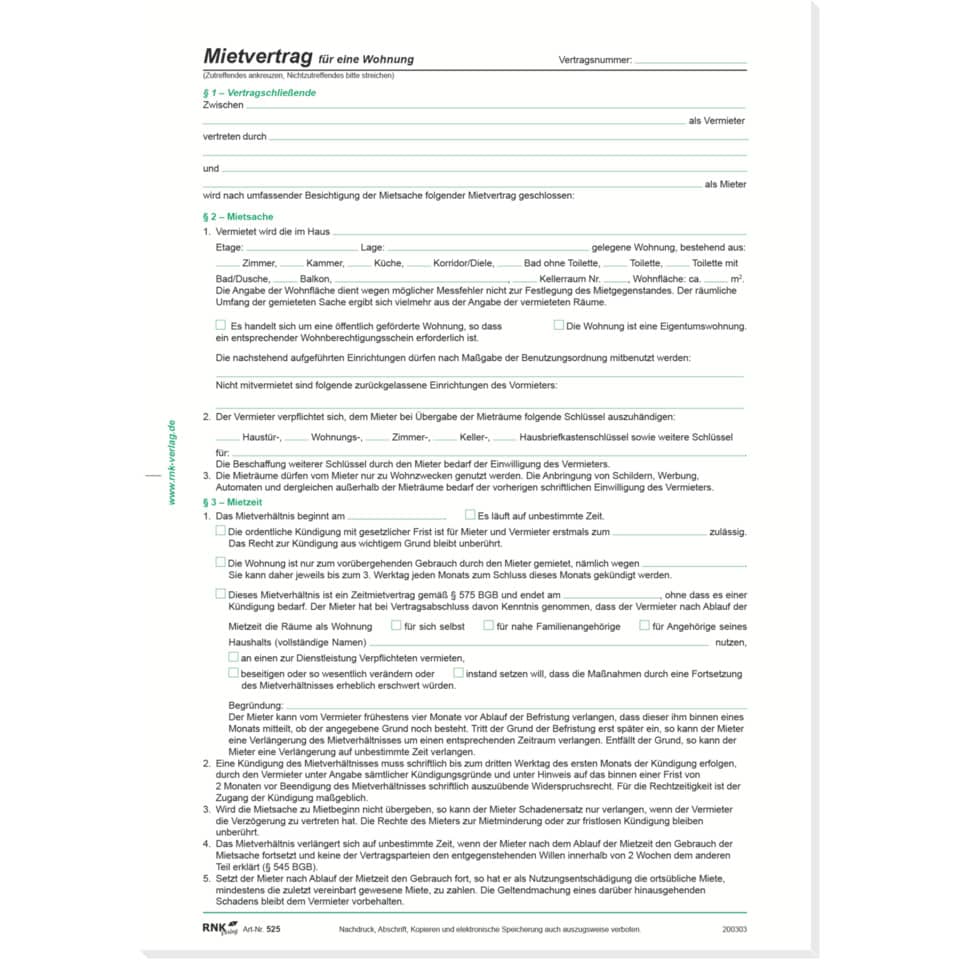 Mietvertrag, Vertrag, Wohnung, Mietkaution, Kopierbar