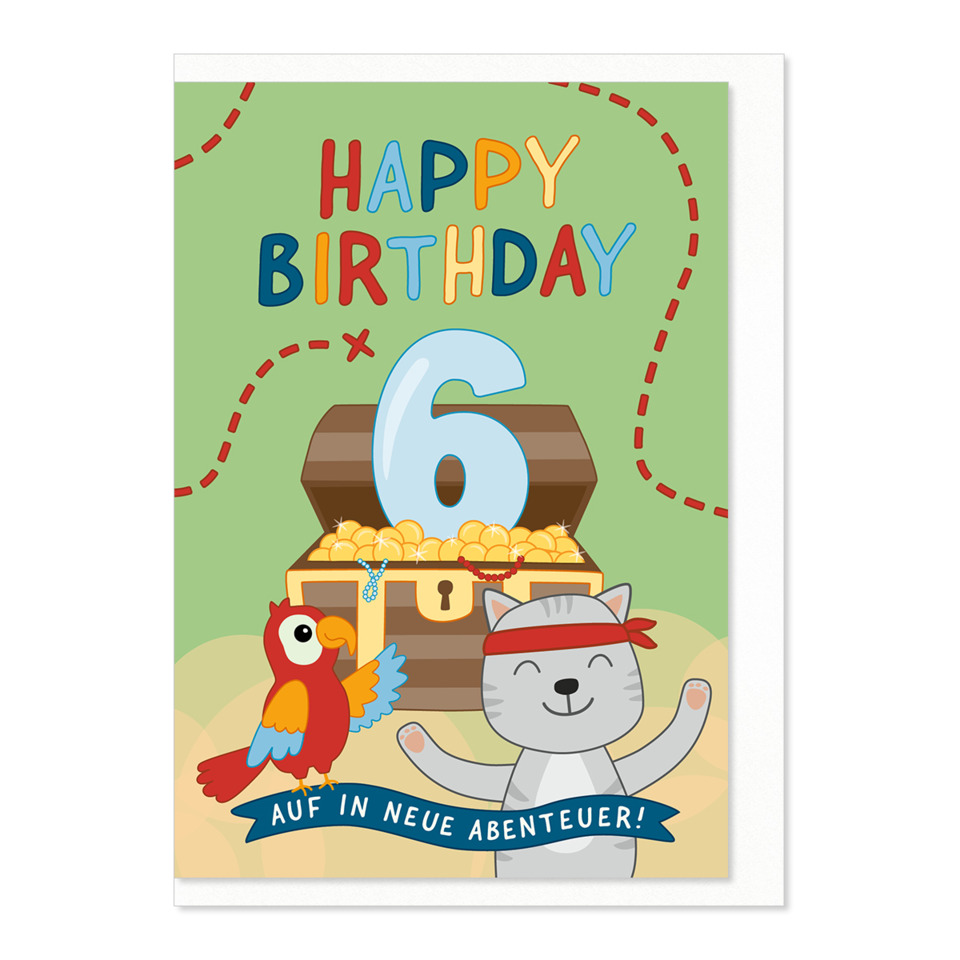 Geburtstag, Karte, Schatztruhe, Katze, Papagei, 6 Jahre, Abenteuer, Feier, Vogel, Motiv
