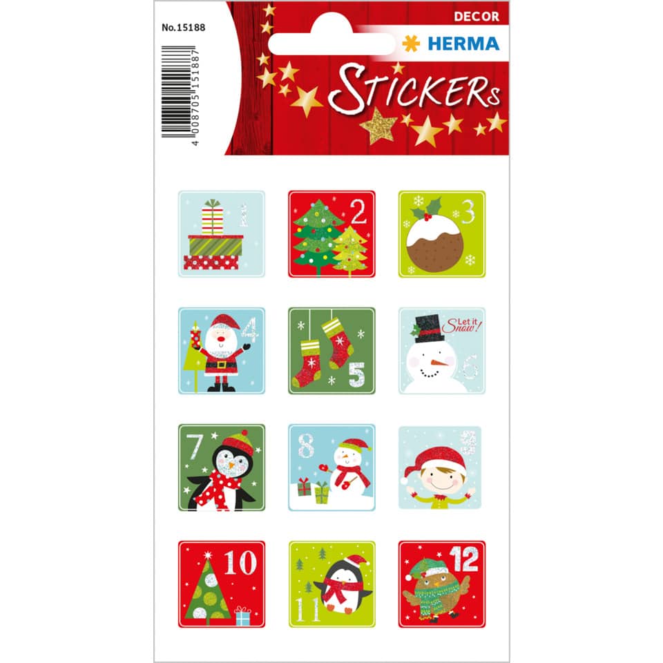 Adventskalender, Sticker, Weihnachtsmotive, Karo/Holz-Design, Zahlenkalender