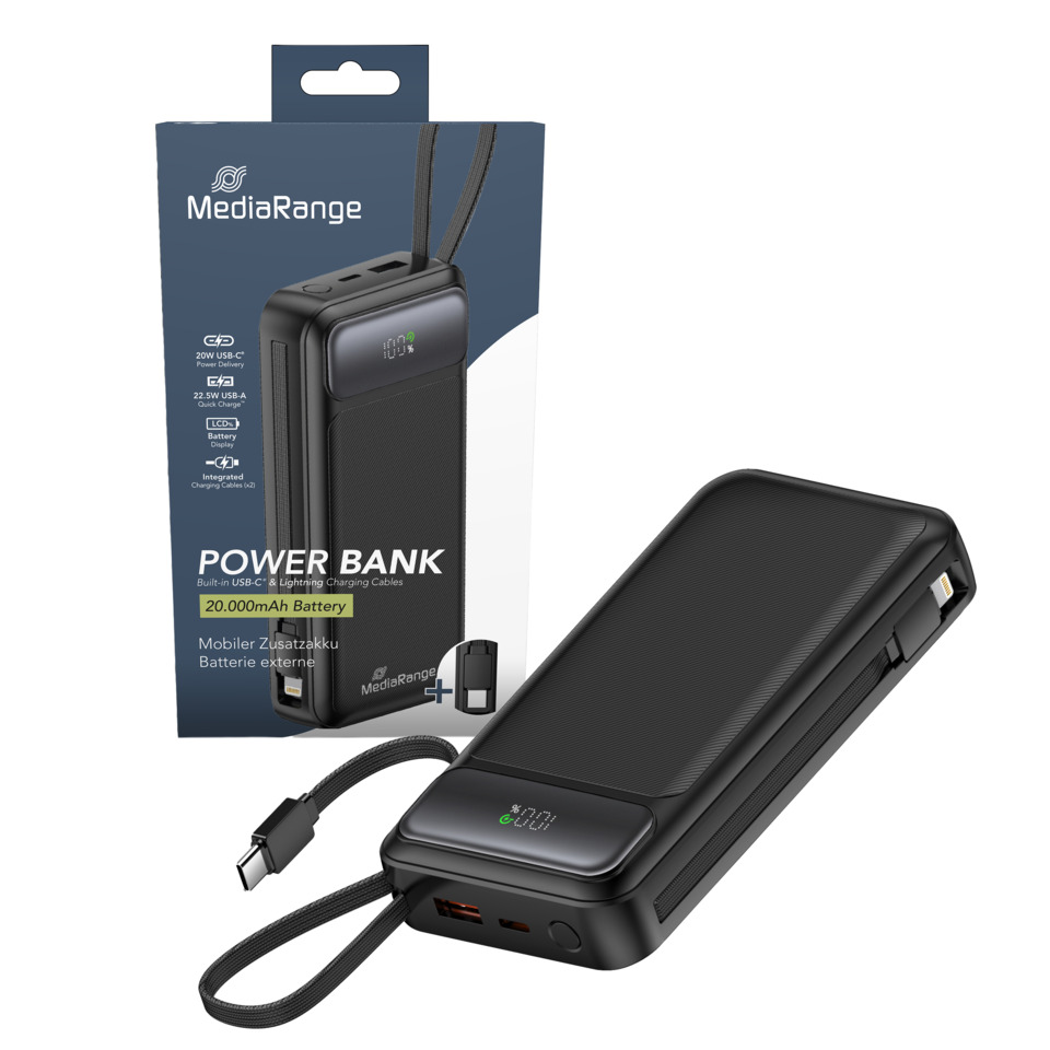 Powerbank, 20.000mAh, USB-C, LED-Anzeige, Ladekabel-Set