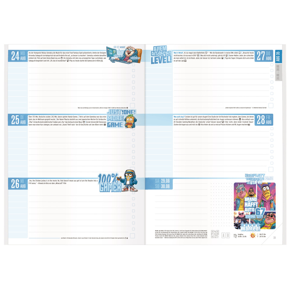 Planer, Kalender, Wochenansicht, blaues Layout, Illustrationen