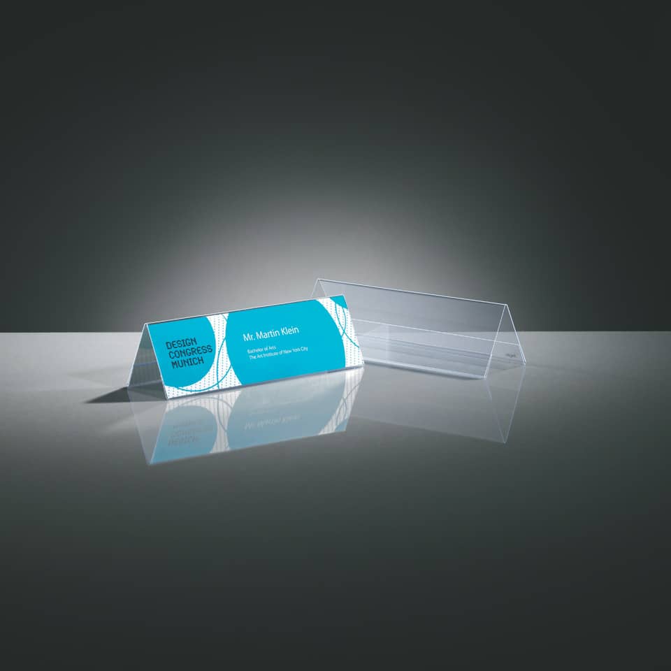 Kunststoffbox, Visitenkartenhalter, Transparente Box, Blaues Etikett, Designpreis-Display