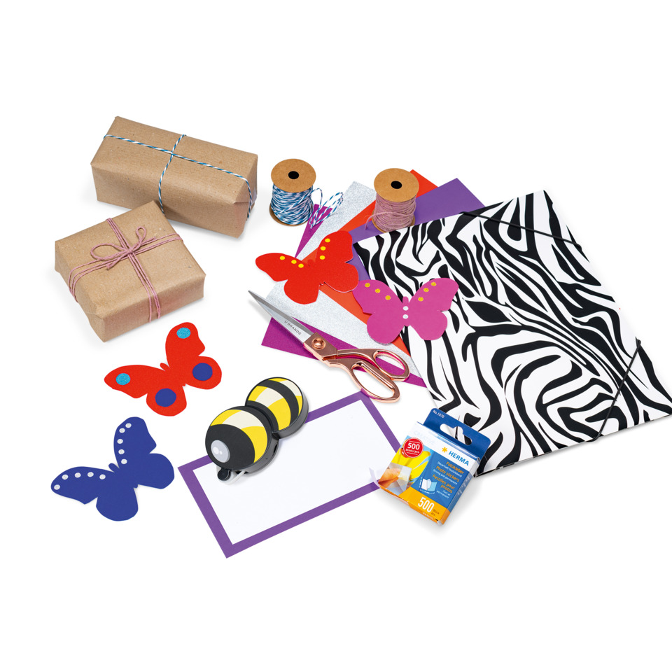 Paket Geschenk, Zubehör, Schere, Stoffmuster, Schmetterlinge, Geschenkset, Bastelmaterial, Papier, Scheren, Schleifenband