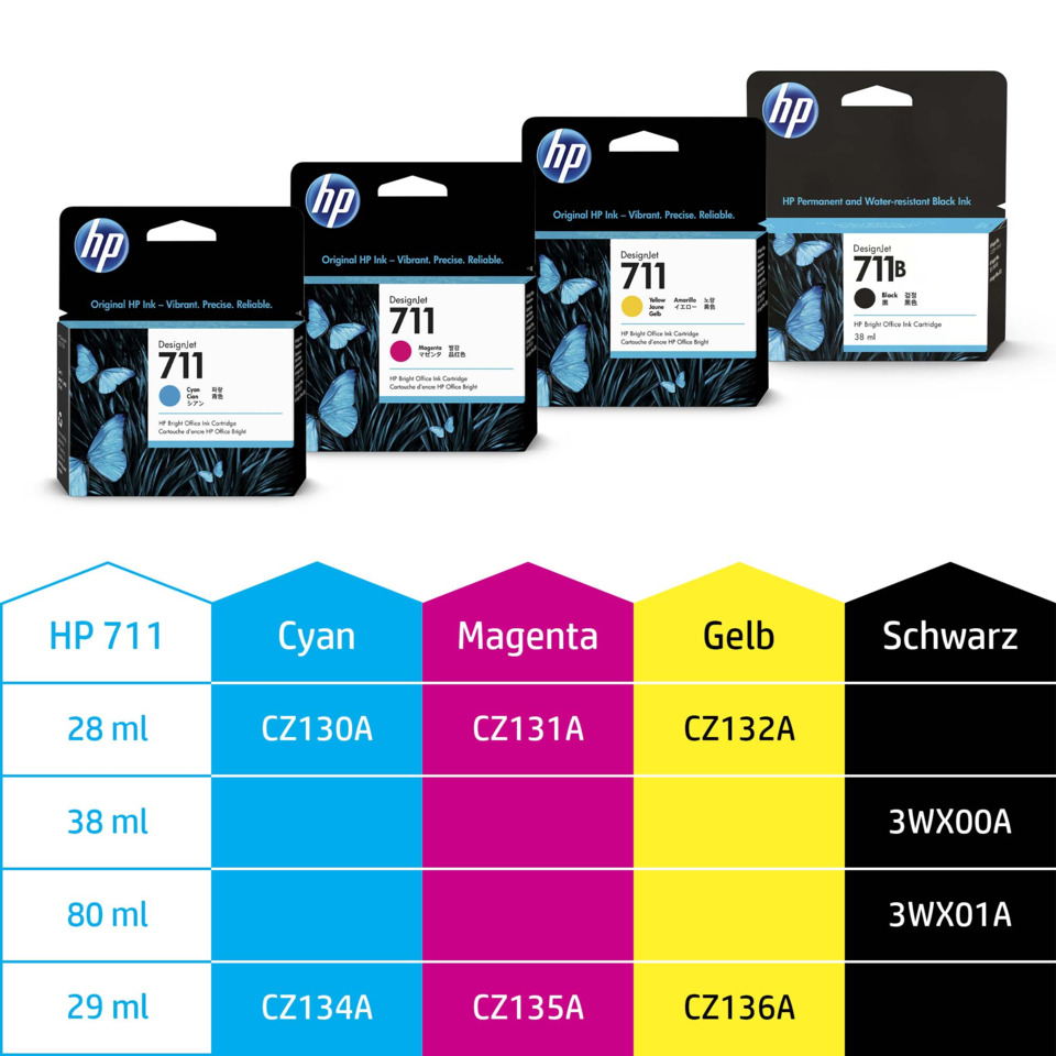 HP 711 Tinten, Cyan Magenta Gelb, Tintenpatrone, Büro Drucker, Farbkarte