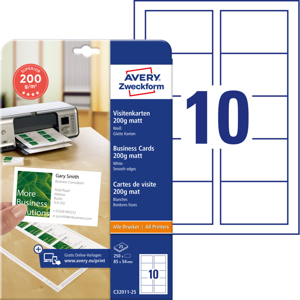 Visitenkarten, 200g matt, Business Cards, White, Smooth edges