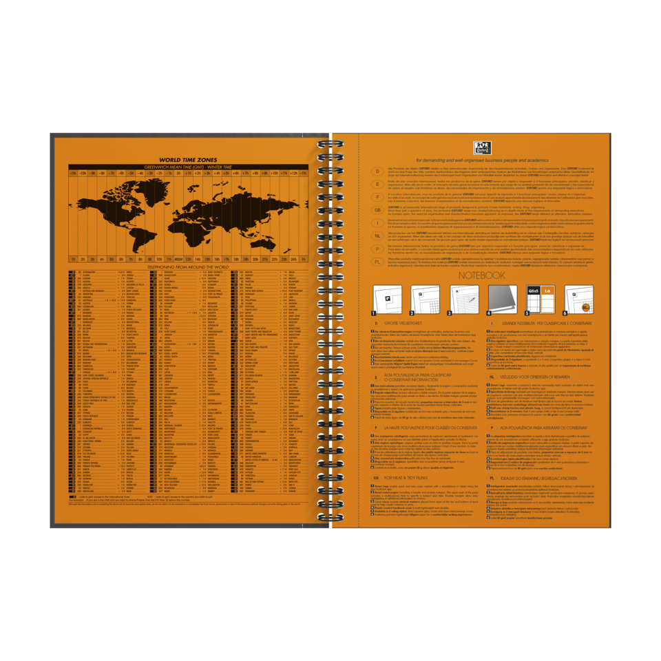 orange notebook, spiral binding, world map, calendar chart, instructions page, notebook, orange, spiral-bound, document, world map