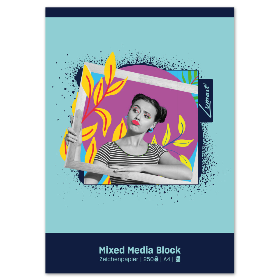 mixed media, art collage, frame, portrait, blauer Hintergrund
