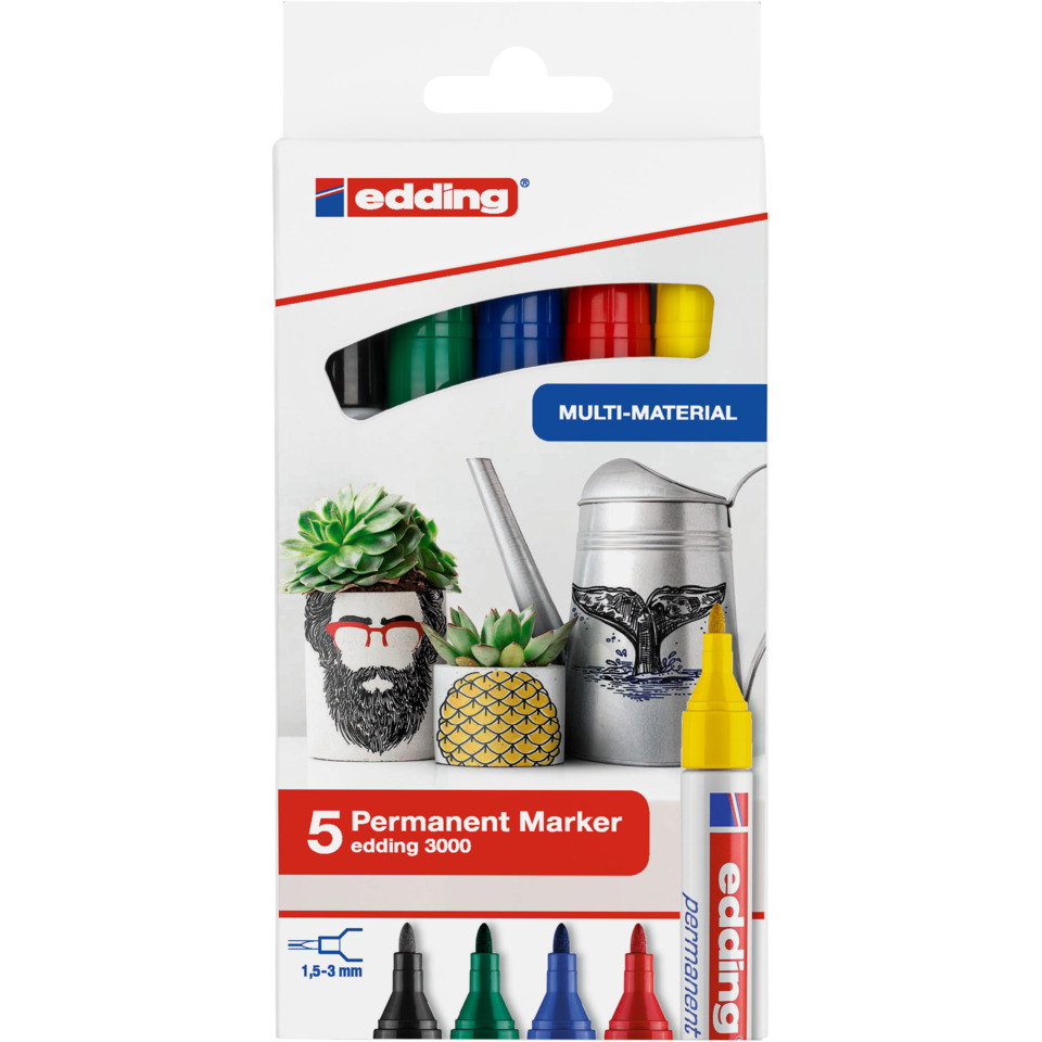 Permanent Marker, Multimaterial, Wasserfest, Markerset, Edding 5er