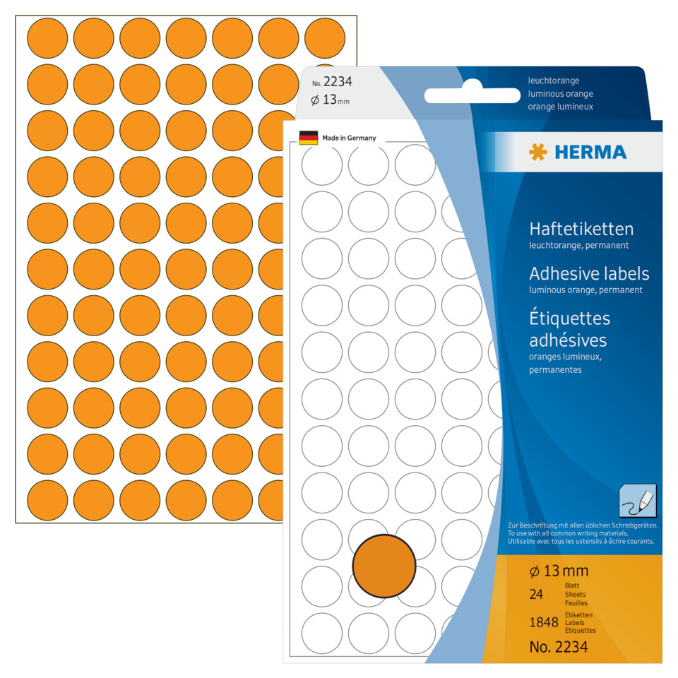 anhaftende Etiketten, orangefarbene Punkte, Punkteklebebogen, dauerhafte Etiketten, Ø13 mm