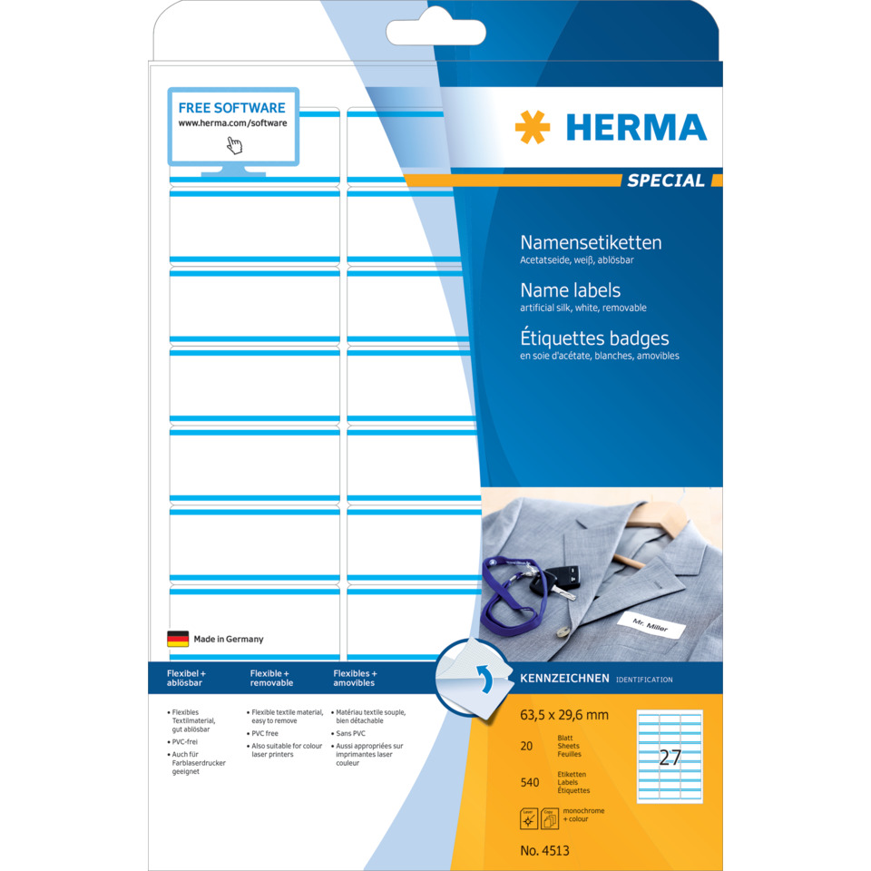 Namensetiketten, Namensschilder, Etikettenbögen, Identifikationsetiketten, Ausweisenamen, Etiketten, Namensetiketten, Name labels, Etikettenspender, Herma Special