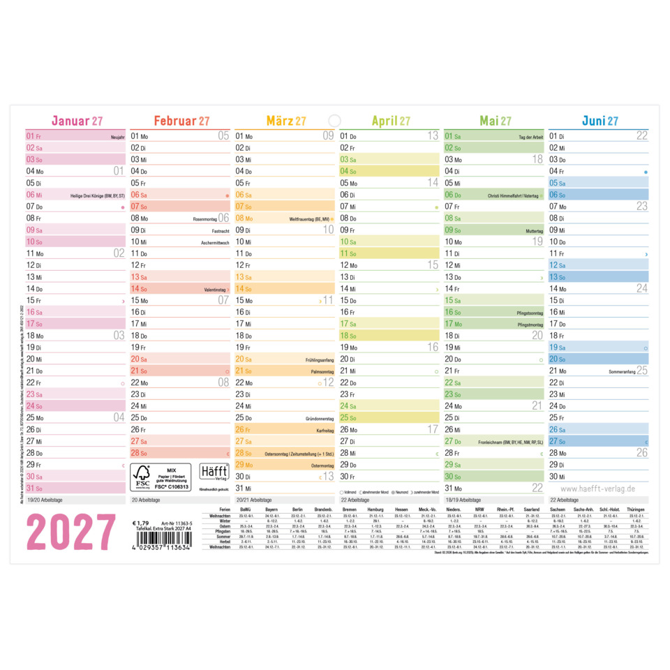 Kalender, Jahreskalender, Monatskalender, 2027, Beilage