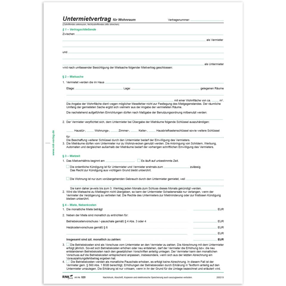 Mietvertrag, Untermietvertrag, Wohnraum, Mietverhältnis, Mietvertrag Dokument
