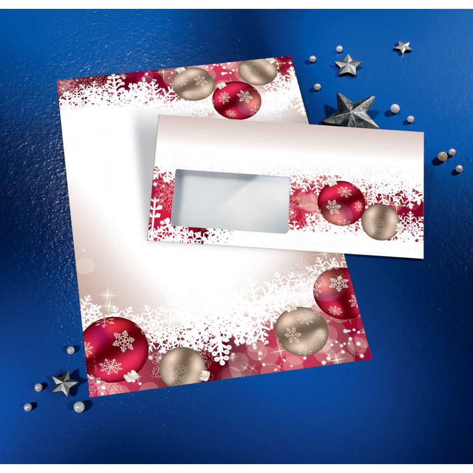 Weihnachtskarte, Karte, Schneeflocken, Baumschmuck, Rot-Gold
