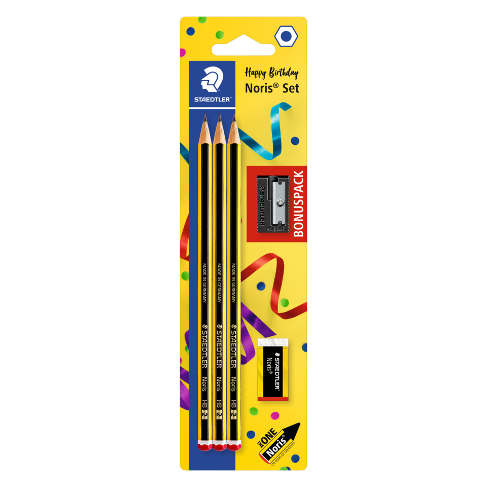 Bleistifte, Holzbleistifte, Noris Set, Buntstifte, Spitzer-Set, Bleistiftset,  Graphitbleistifte, gelbe Verpackung, Geschenkset, Radiergummi enthalten