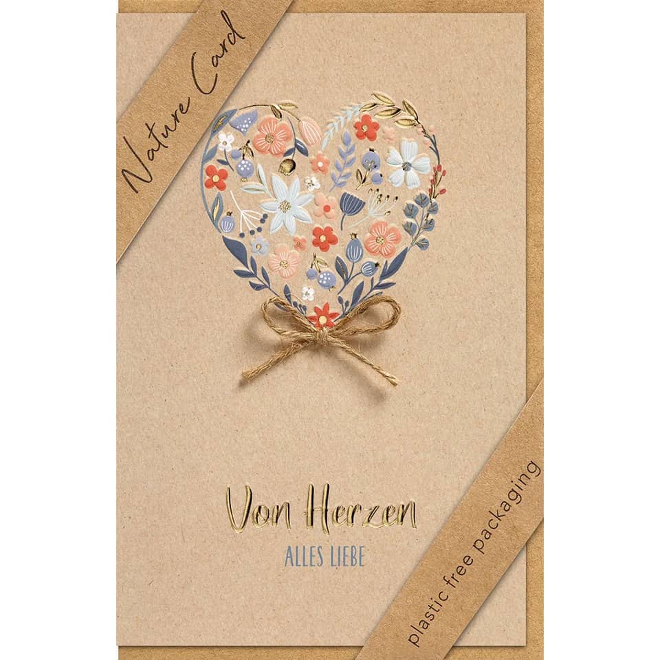 Herzkarte, Naturkarton, Blumenmuster, JuteBand, Hochzeitskarte