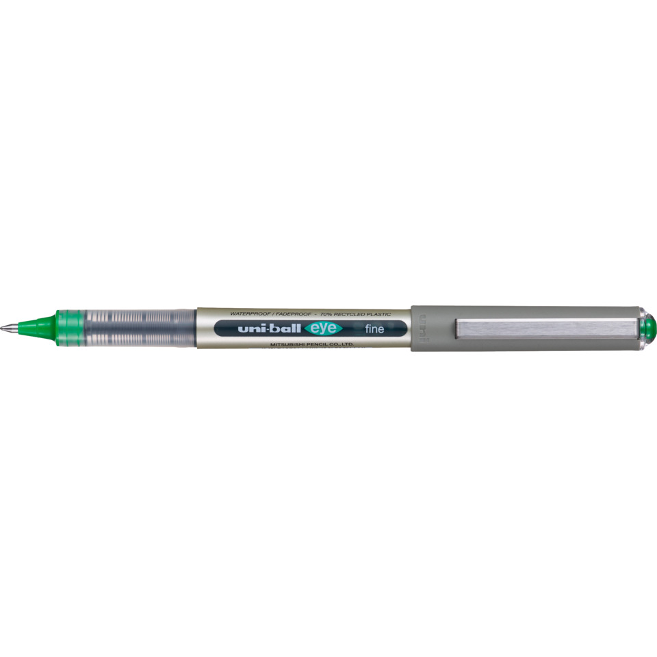 roller pen, green tip, mechanical pencil, metal body, clip cap